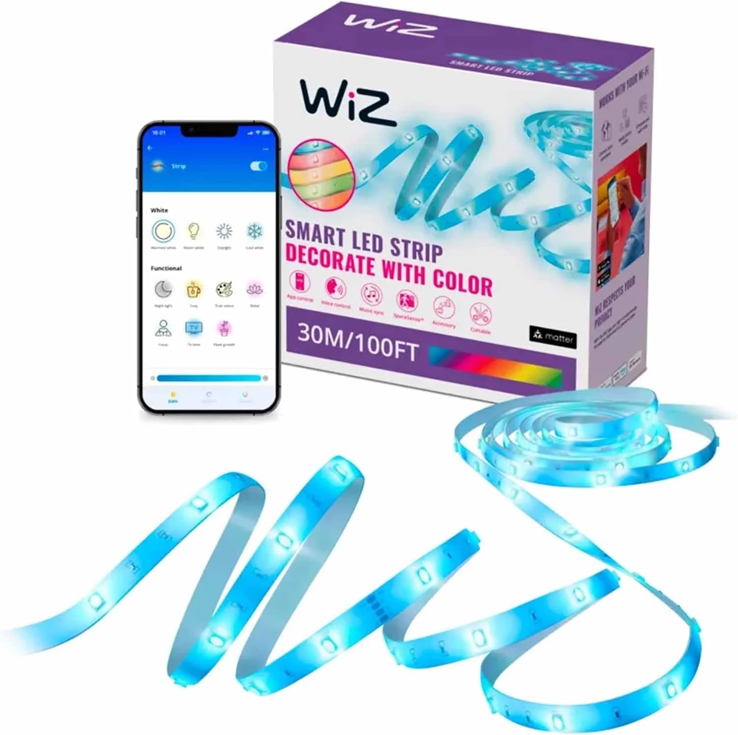 WiZ Connected Smart LED Light Strip 15.24m (50ft) | Full Color RGB, App & Voice Control, Sunset/Sunrise Automation — 30.48m
