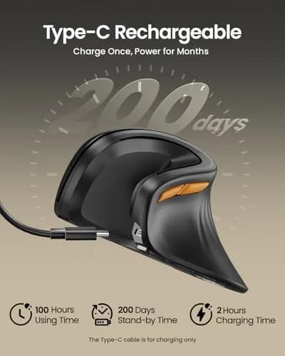 ProtoArc EM11 NL Wireless Ergonomic Vertical Mouse, Black | 13.8cm (5.43in) Length, Connects to 3 Devices thumbnail 4