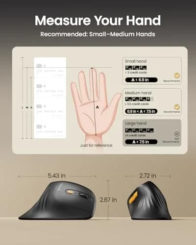 ProtoArc EM11 NL Wireless Ergonomic Vertical Mouse, Black | 13.8cm (5.43in) Length, Connects to 3 Devices thumbnail 6