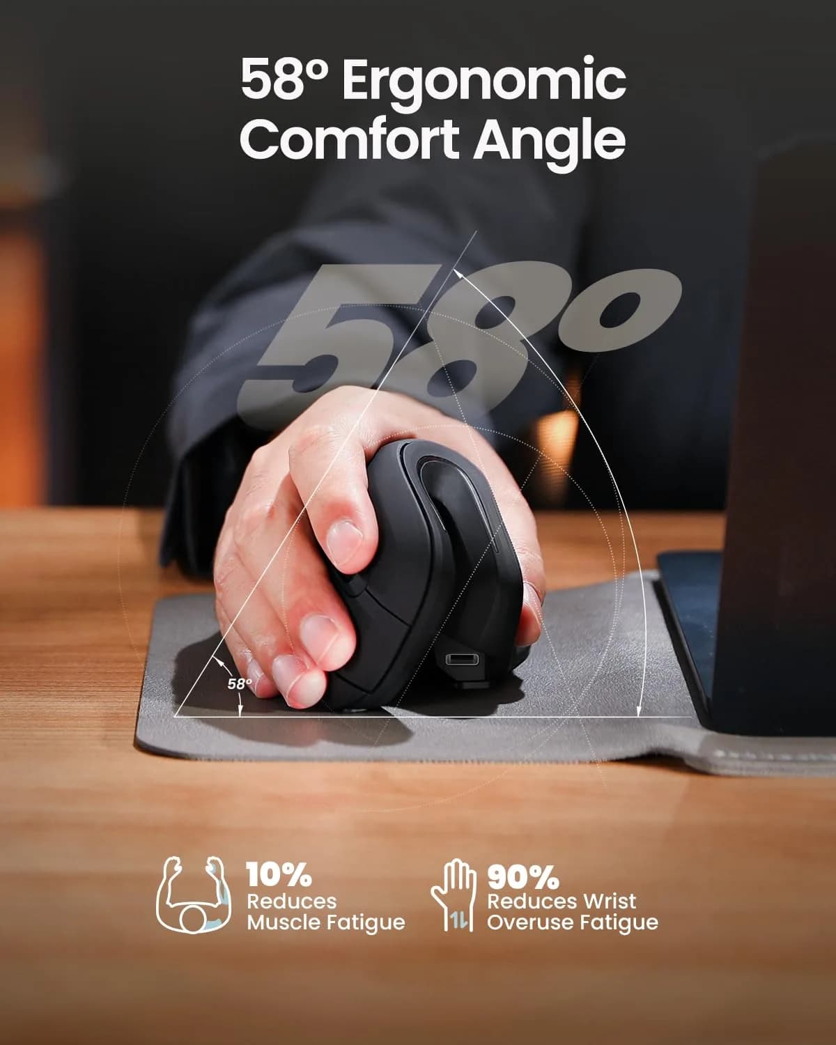 ProtoArc EM11 NL Wireless Ergonomic Vertical Mouse, Black | 13.8cm (5.43in) Length, Connects to 3 Devices - view 8