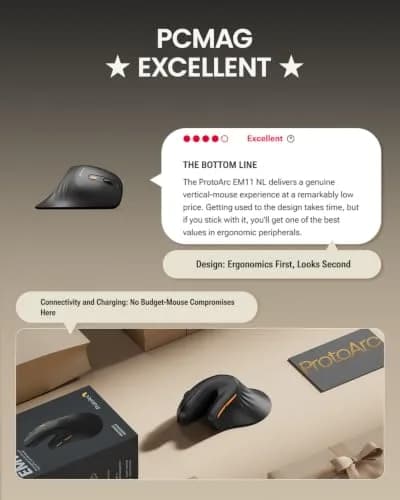 ProtoArc EM11 NL Wireless Ergonomic Vertical Mouse, Black | 13.8cm (5.43in) Length, Connects to 3 Devices thumbnail 9