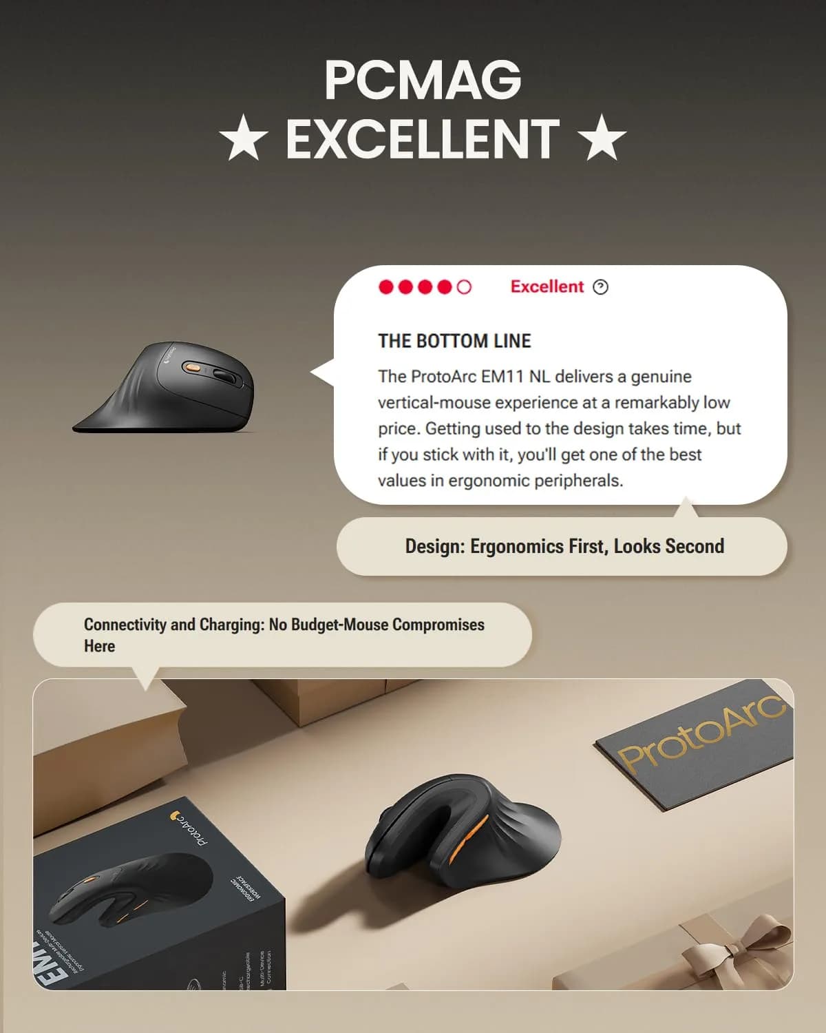 ProtoArc EM11 NL Wireless Ergonomic Vertical Mouse, Black | 13.8cm (5.43in) Length, Connects to 3 Devices - view 9