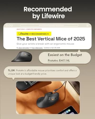 ProtoArc EM11 NL Wireless Ergonomic Vertical Mouse, Black | 13.8cm (5.43in) Length, Connects to 3 Devices thumbnail 2