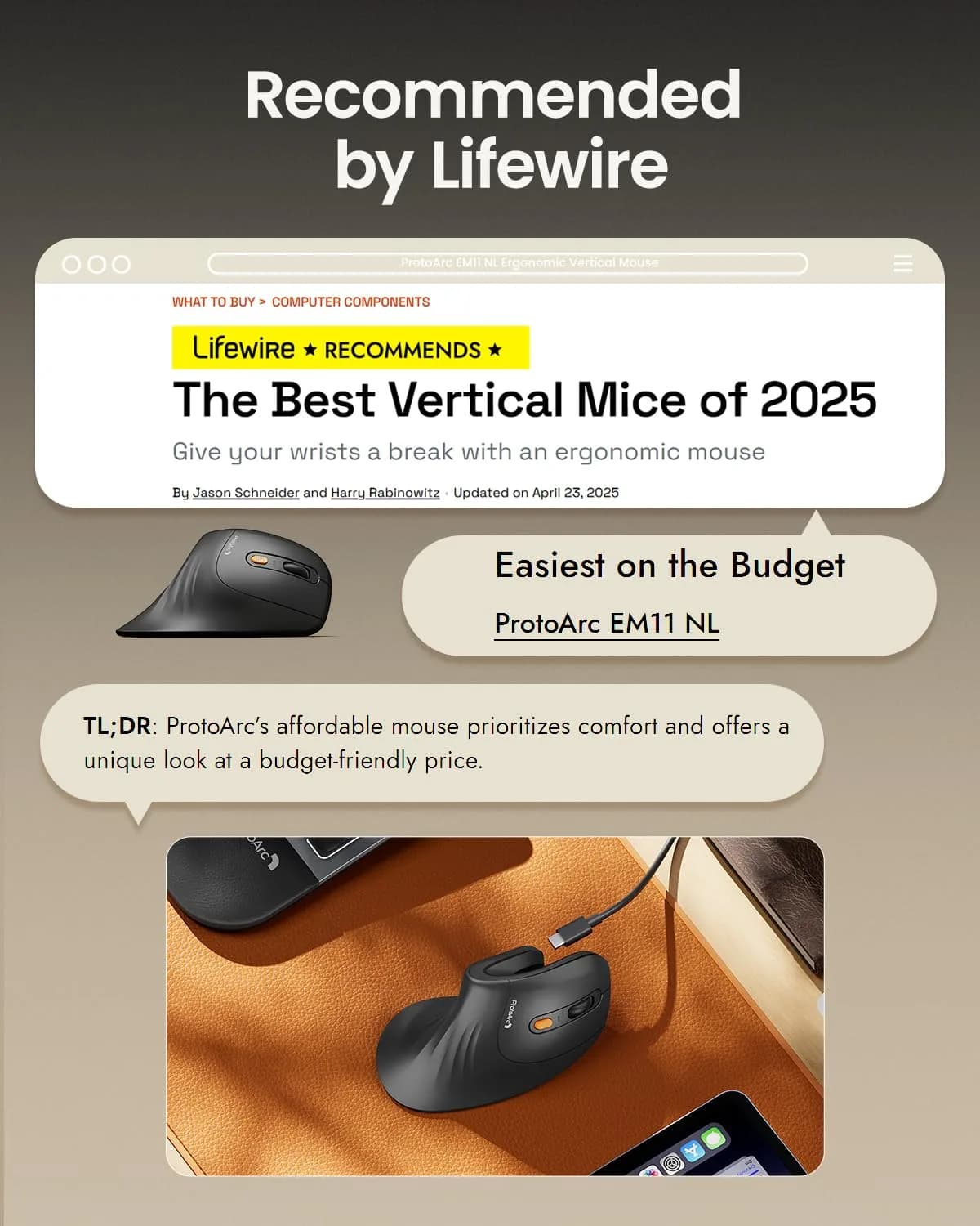 ProtoArc EM11 NL Wireless Ergonomic Vertical Mouse, Black | 13.8cm (5.43in) Length, Connects to 3 Devices - view 2