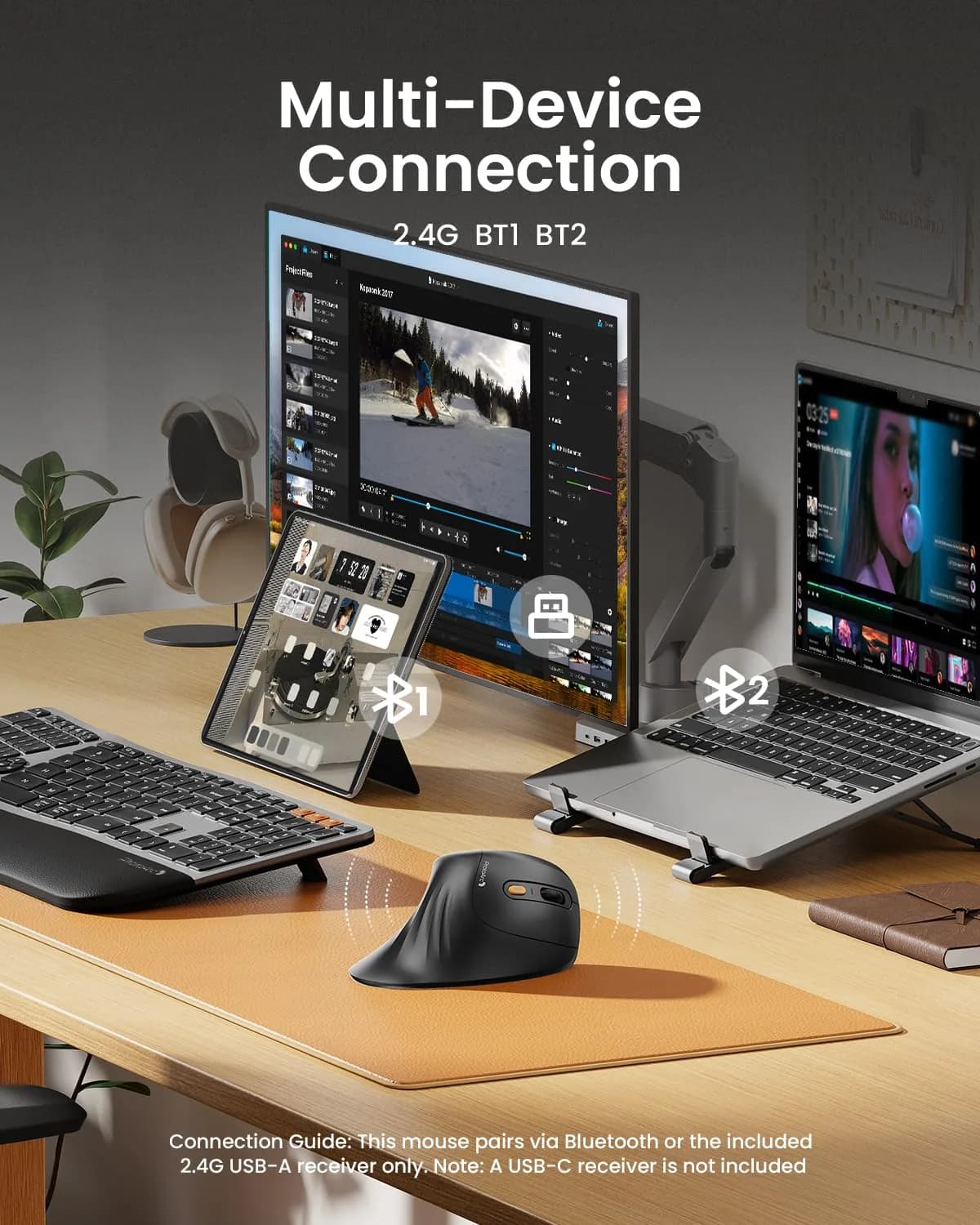ProtoArc EM11 NL Wireless Ergonomic Vertical Mouse, Black | 13.8cm (5.43in) Length, Connects to 3 Devices - view 3