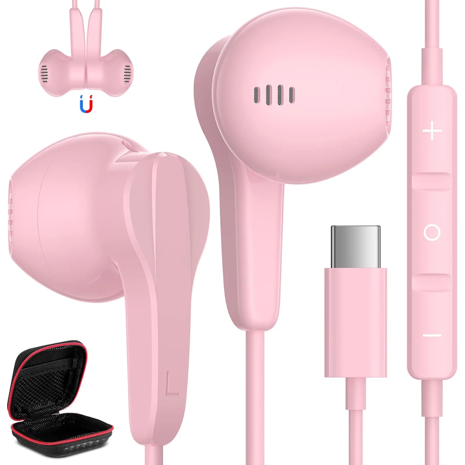 ASKUBSKU USB C Wired Headphones for Samsung & More | High Fidelity Stereo, Magnetic Neckband, 45° Semi In-Ear Design — Pink