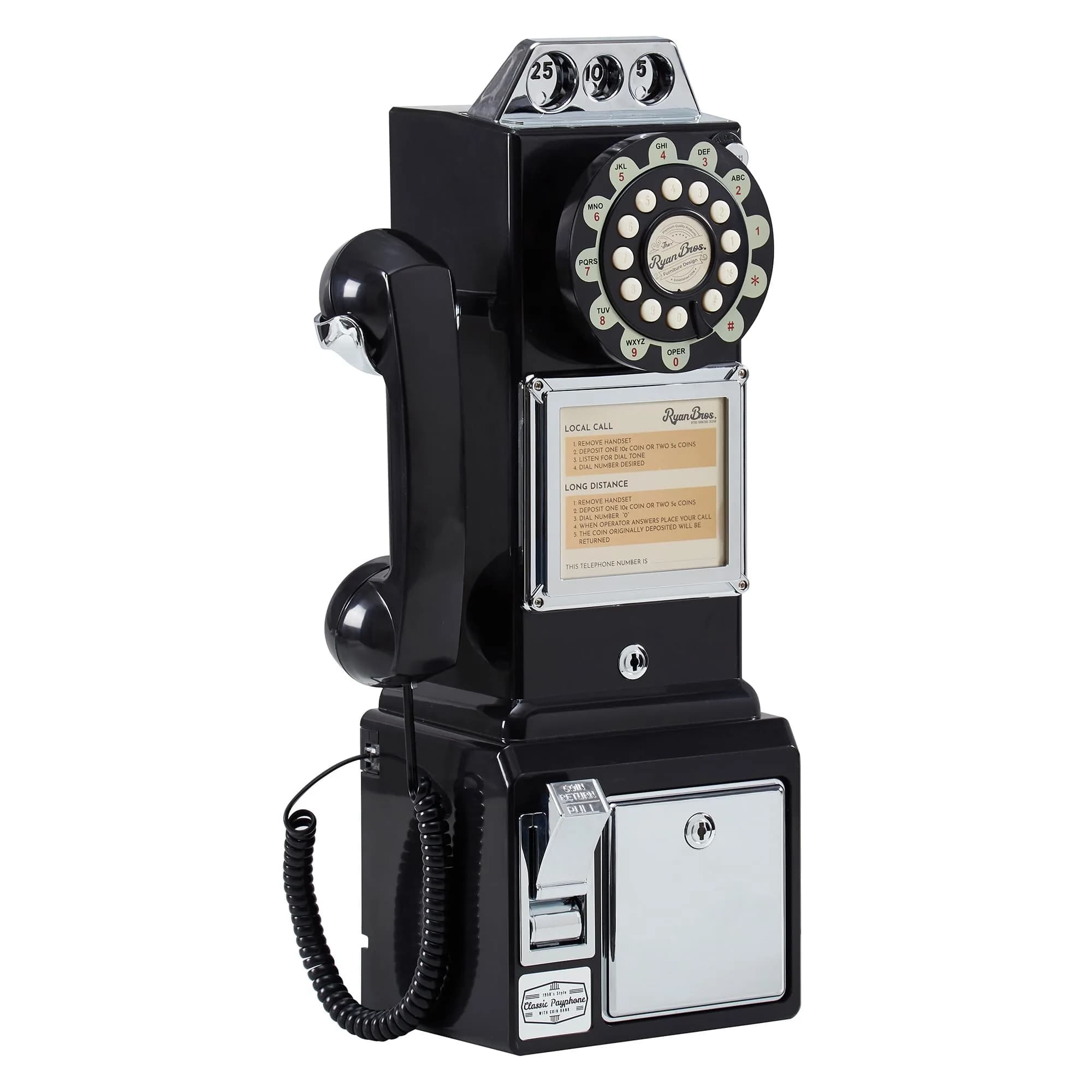 RyanBros 1950's Style Payphone with Coin Bank Corded Landline Phone - Black | Authentic USA Import — Black