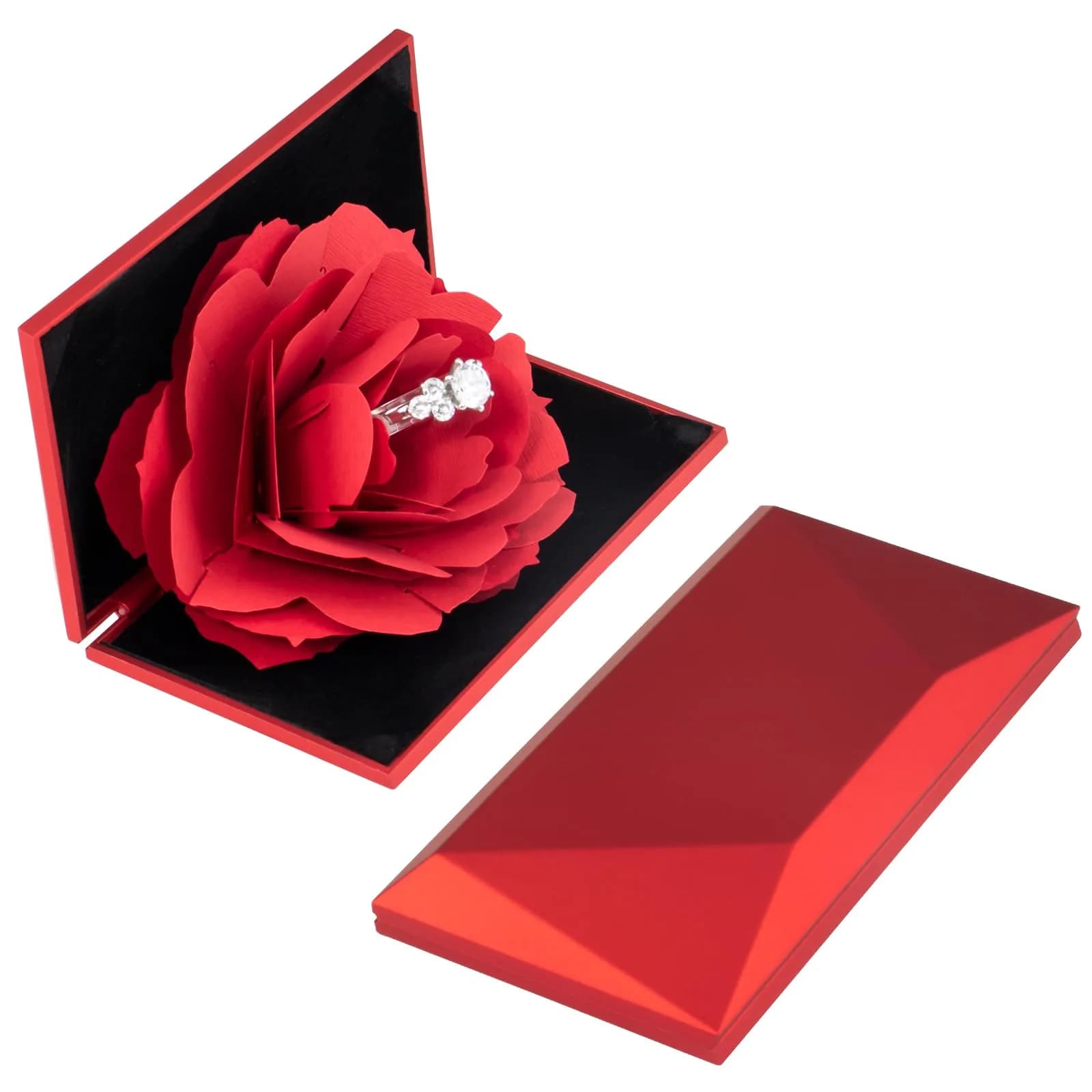 wonuu Rhombus Shaped Red Engagement Ring Box | Surprise Jewelry Storage Holder for Women, Proposal, Engagement, Wedding Gift (15cm x 7cm x 2cm) - view 6