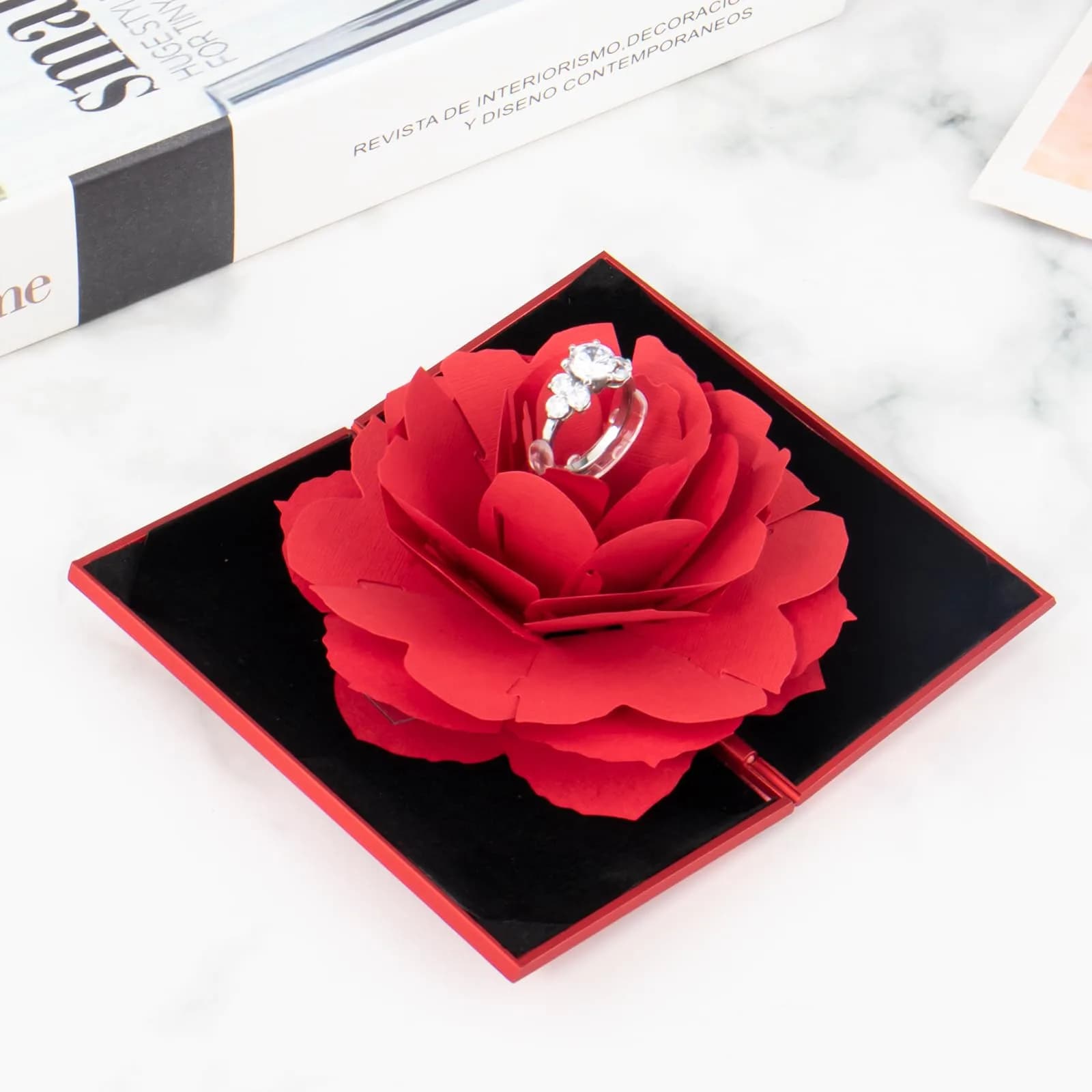 wonuu Pop Up Rose Engagement Ring Box - Rhombus Shaped Red Flower for Surprise Proposals - view 2