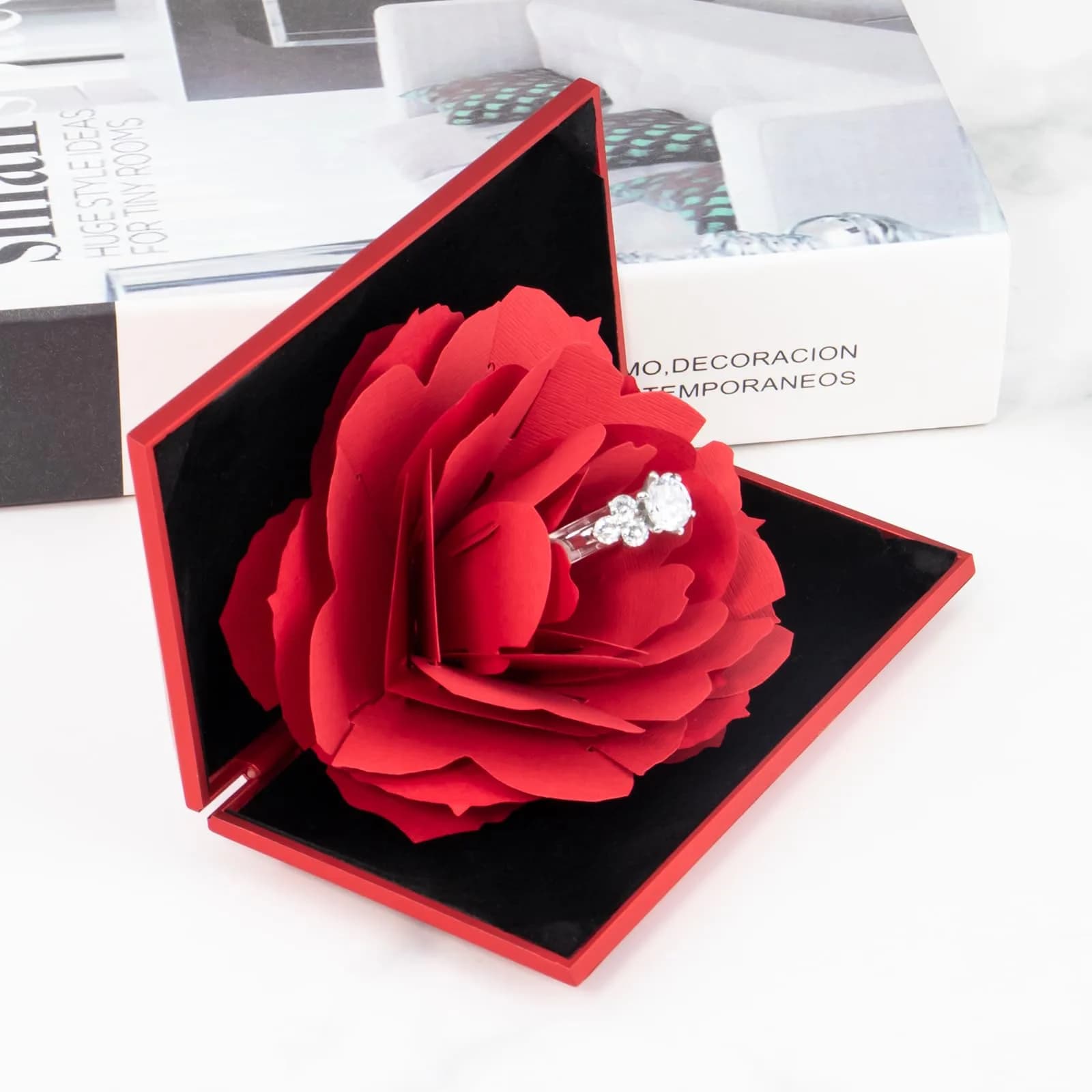wonuu Pop Up Rose Engagement Ring Box - Rhombus Shaped Red Flower for Surprise Proposals - view 3
