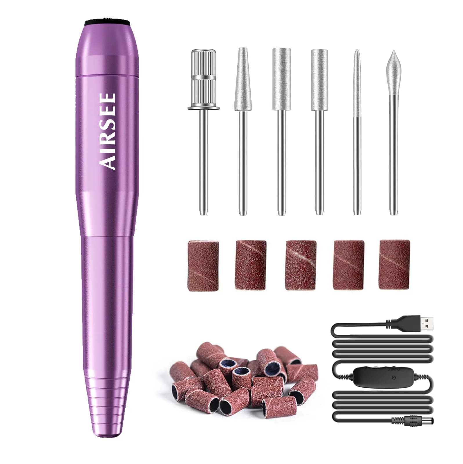 AIRSEE Studio Basic Electric Nail Drill USB Portable Manicure Pedicure Dremel Kit Purple | Professional Starter Nail File - main product image
