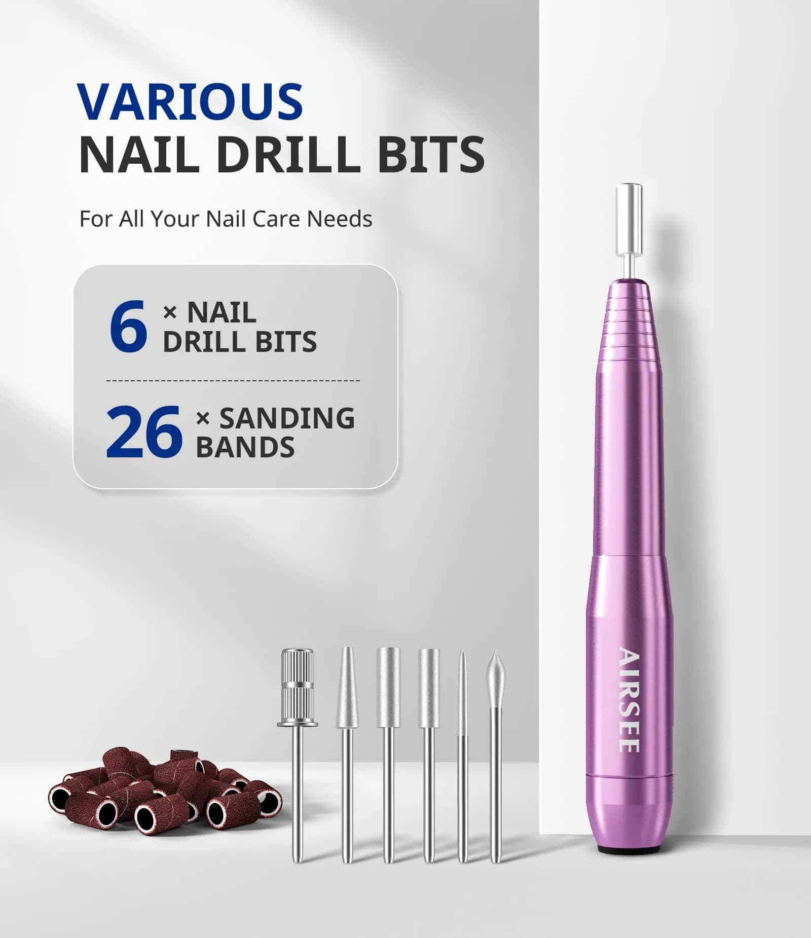 AIRSEE Studio Basic Electric Nail Drill USB Portable Manicure Pedicure Dremel Kit Purple | Professional Starter Nail File - view 5