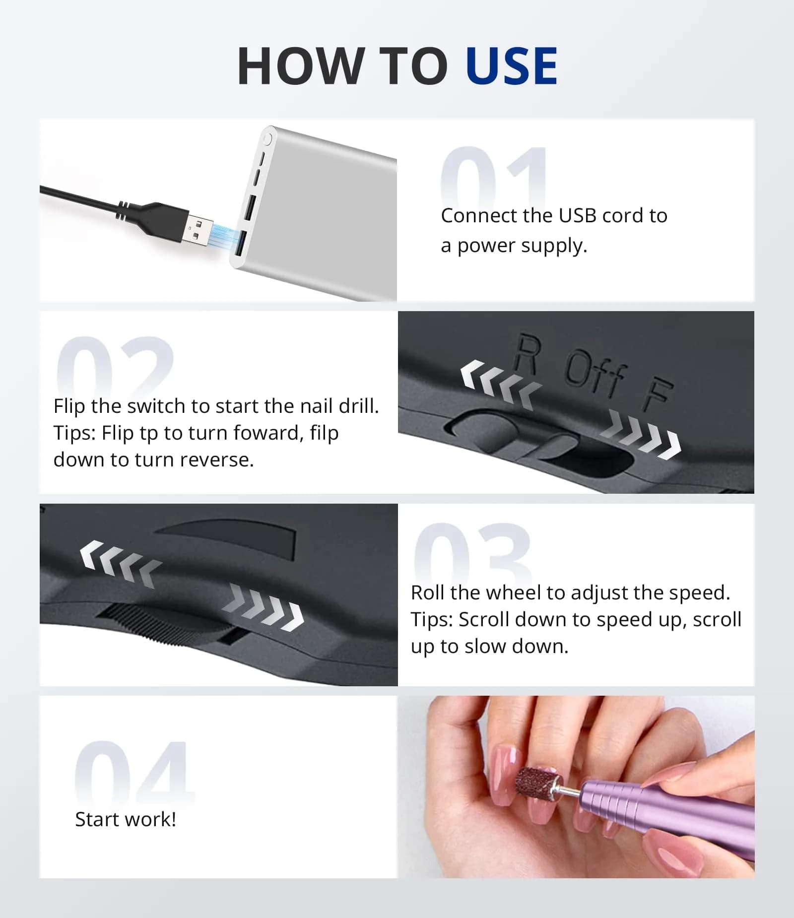 AIRSEE Studio Basic Electric Nail Drill USB Portable Manicure Pedicure Dremel Kit Purple | Professional Starter Nail File - view 8