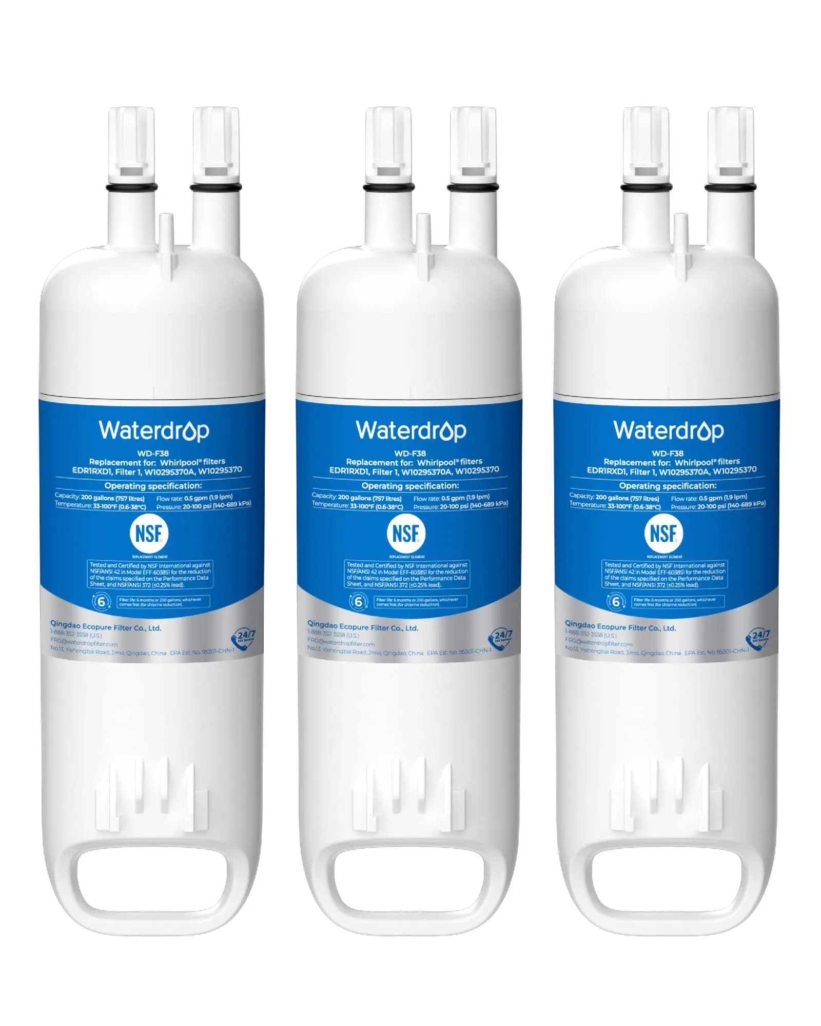 Waterdrop EDR1RXD1 Water Filter Replacement for W10295370A | NSF Certified, 3 Pack, 200 Gallons