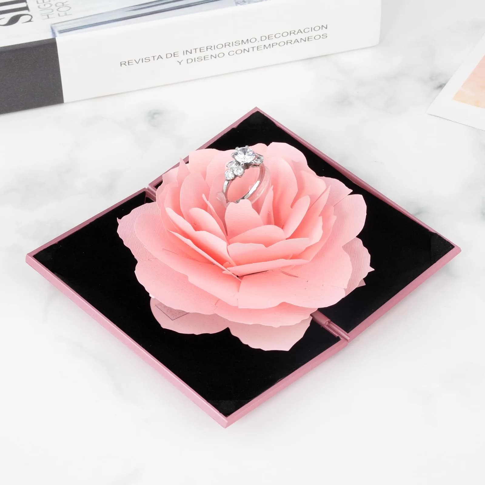 wonuu Rhombus Shaped-Pink Pop Up Rose Engagement Ring Box | Surprise Jewelry Storage Holder for Women - view 2
