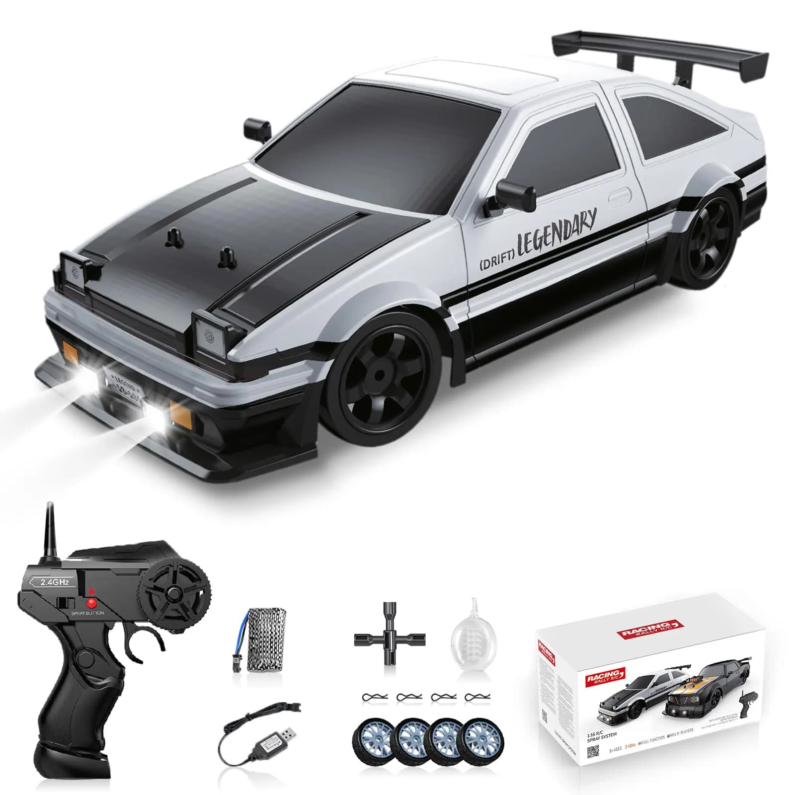 Sakeye 1/16 Scale RC Drift Car with Smoke LED Lights & 4WD, White | 18KM/H Speed, 35m Range — White