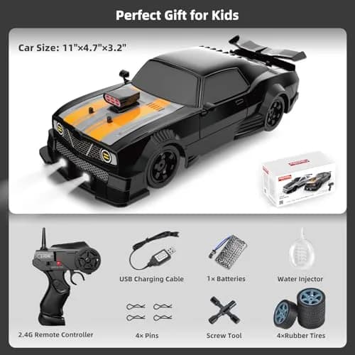 Sakeye 1/16 Scale RC Drift Car with Spray & Lights, 4WD High-Speed Remote Control Car with Extra Tires (Black) thumbnail 6