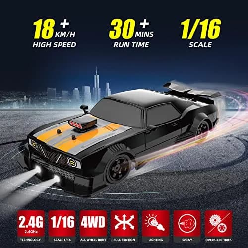 Sakeye 1/16 Scale RC Drift Car with Spray & Lights, 4WD High-Speed Remote Control Car with Extra Tires (Black) thumbnail 2