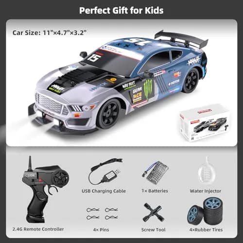 Sakeye 1:16 Scale RC Drift Car with Spray & LED Lights, 10-12 Inch Blue+wh | 4WD Remote Control Toy for Boys & Kids thumbnail 6