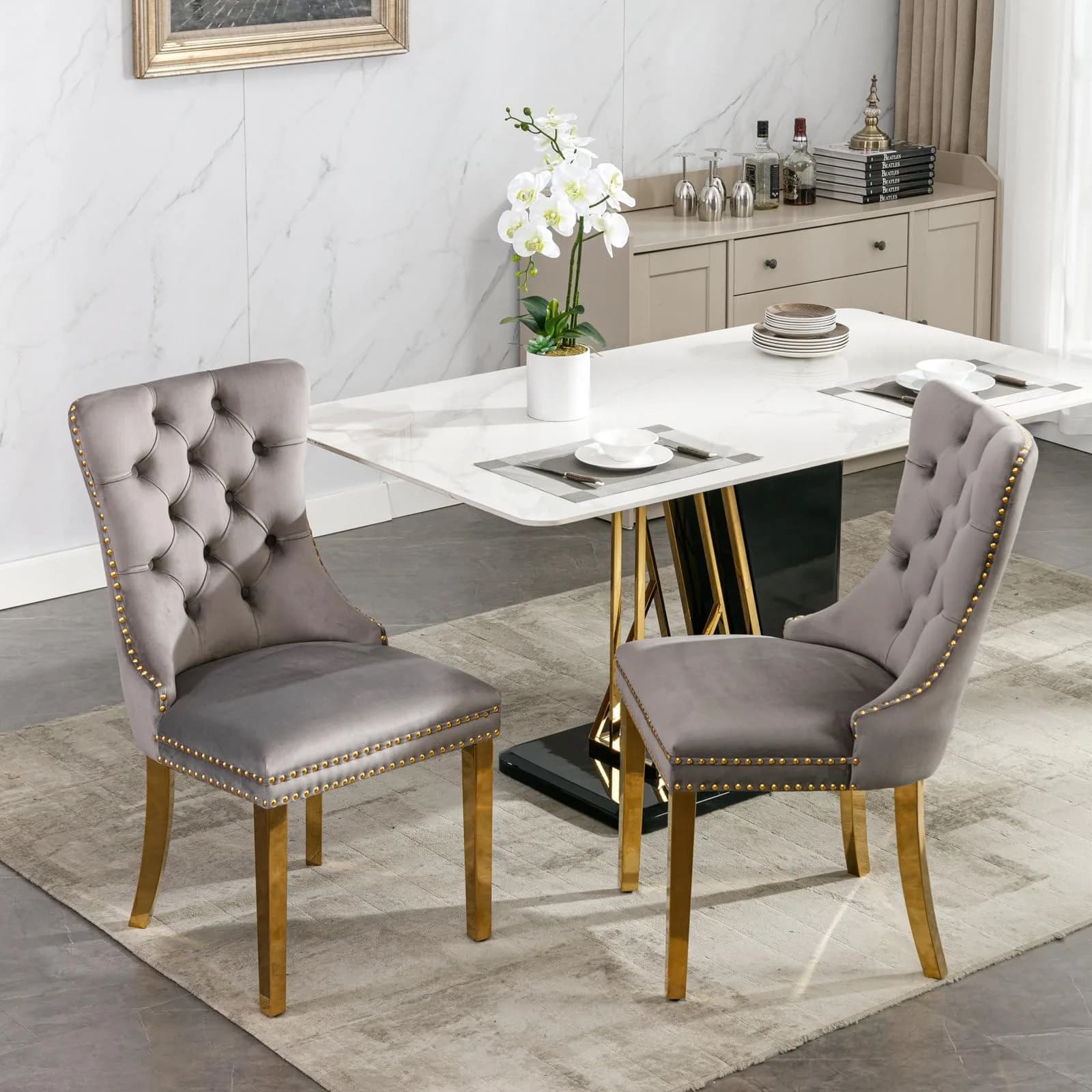 Brisca Velvet Upholstered Dining Chair Set of 2 | Gray & Gold, Solid Wood Frame, Contemporary Design