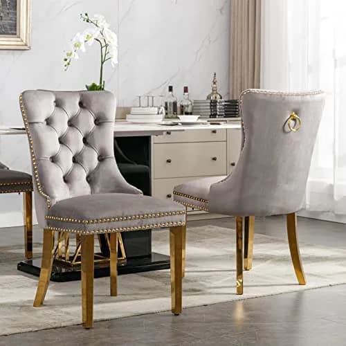 Brisca Velvet Upholstered Dining Chair Set of 2 | Gray & Gold, Solid Wood Frame, Contemporary Design thumbnail 4