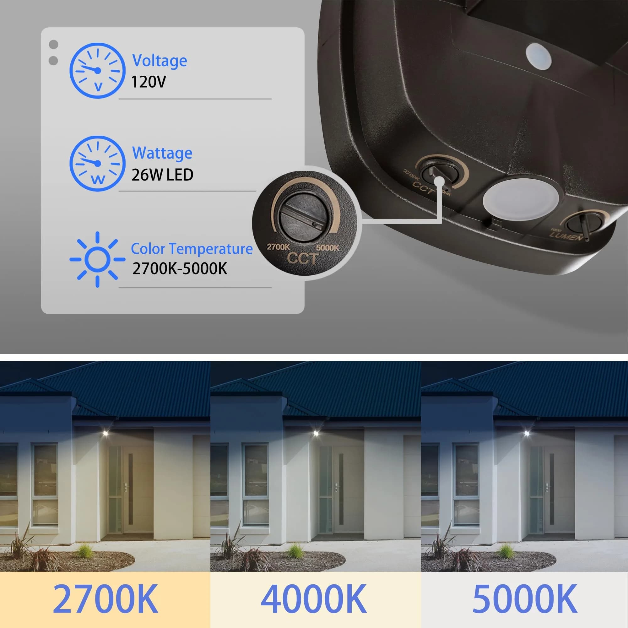 AWSENS 26W LED Flood Light Fixture 2500 Lumens (8.75 inches) | Motion Activated Exterior Security Light with Dusk to Dawn Control - view 4