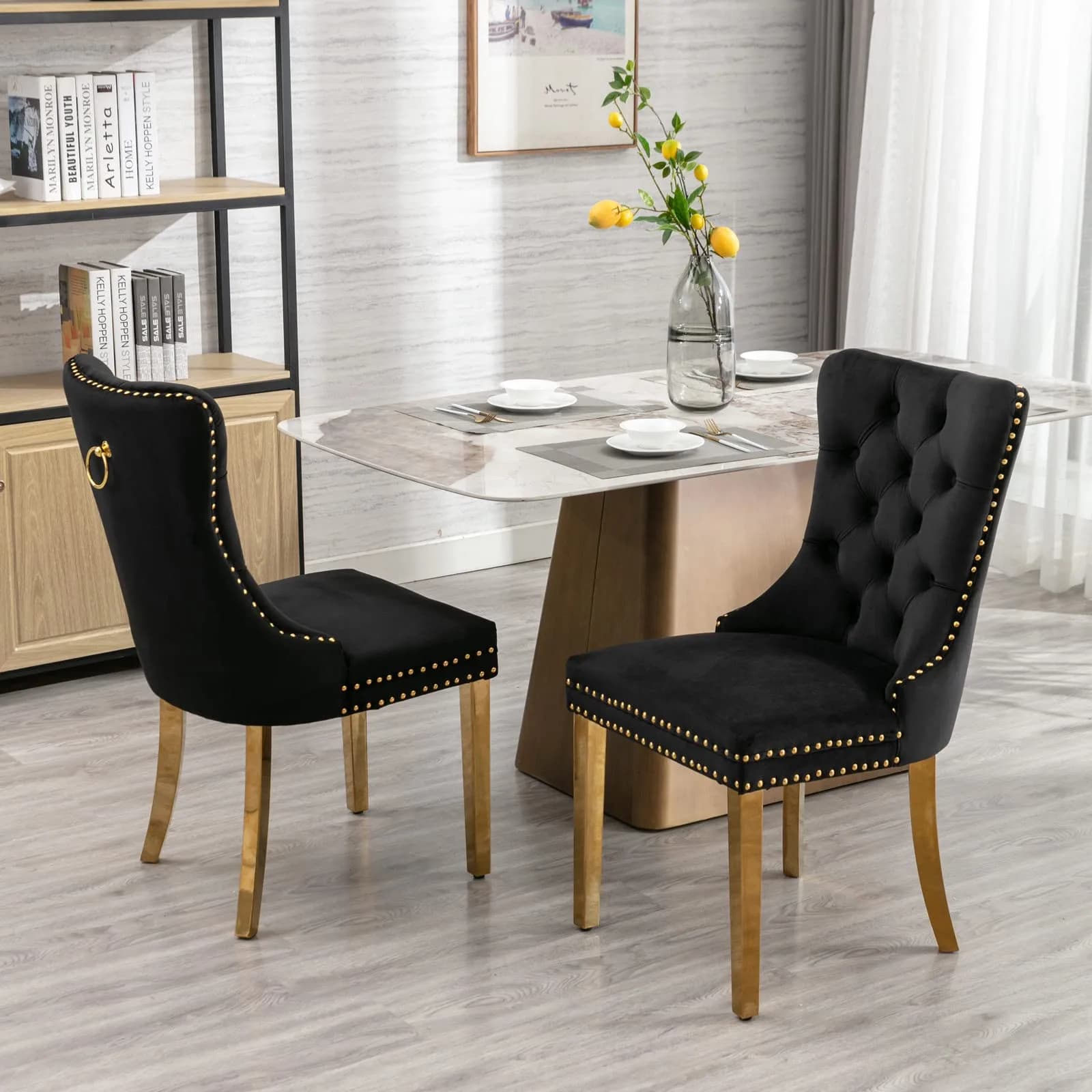 Brisca Velvet Upholstered Dining Chair Set of 2 | Solid Wood Frame & Golden Legs, Contemporary Design, 37.5" Height