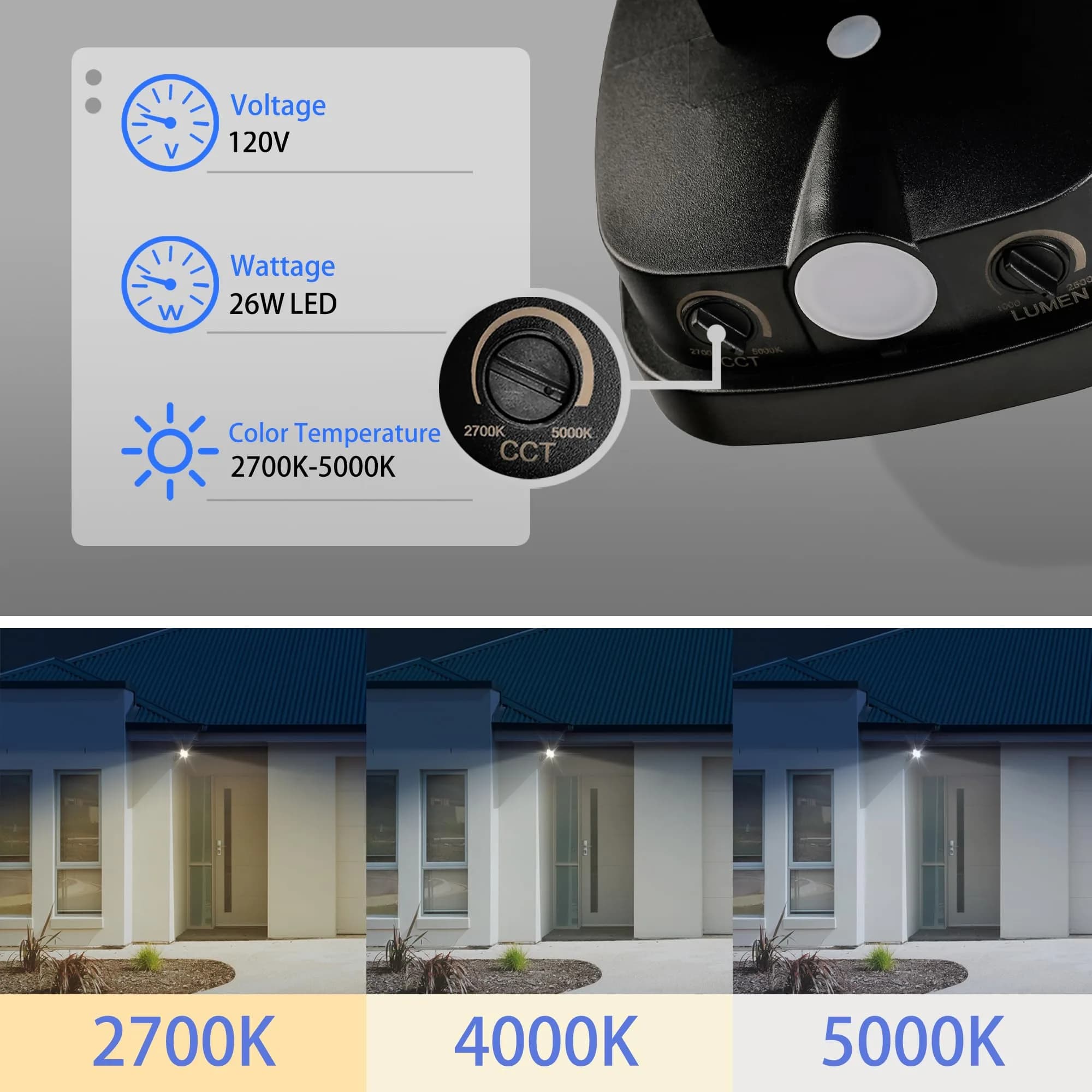 AWSENS 26W LED Flood Light Fixture with Dusk to Dawn Sensor, 2500 Lumens, Black | Adjustable CCT & Brightness - view 4