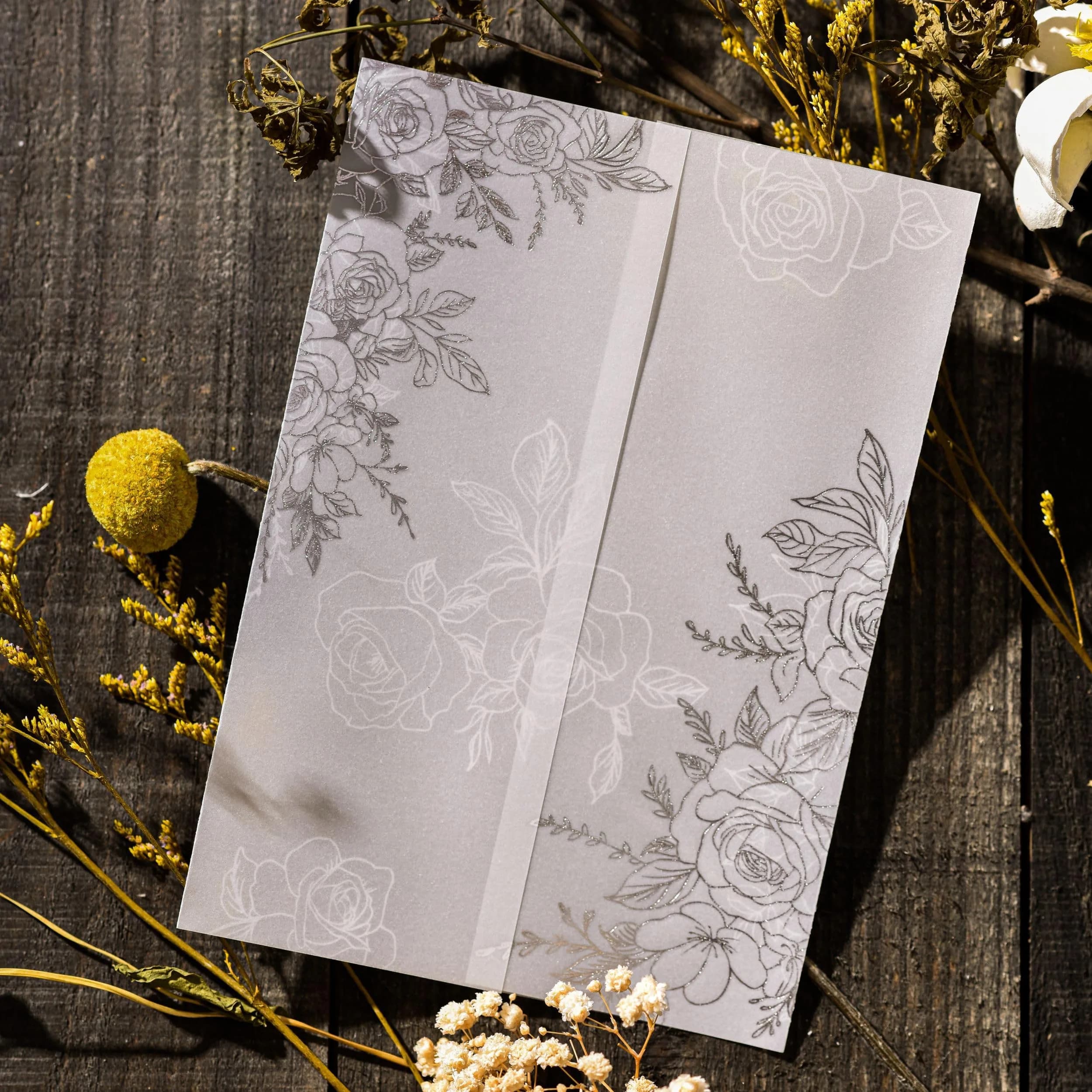 Puremigo 50 Pack Pre-Folded Vellum Jackets for 5x7 Invitations - Silver Rose - 115GSM Vellum Paper 5x7 Jackets — Silver Foil Rose Pattern