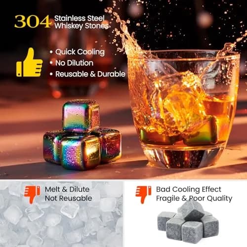 Kollea Whiskey Stones 8-Pack Stainless Steel Chilling Rocks Set, Multicolor | Reusable Ice Cubes for Drinks thumbnail 2