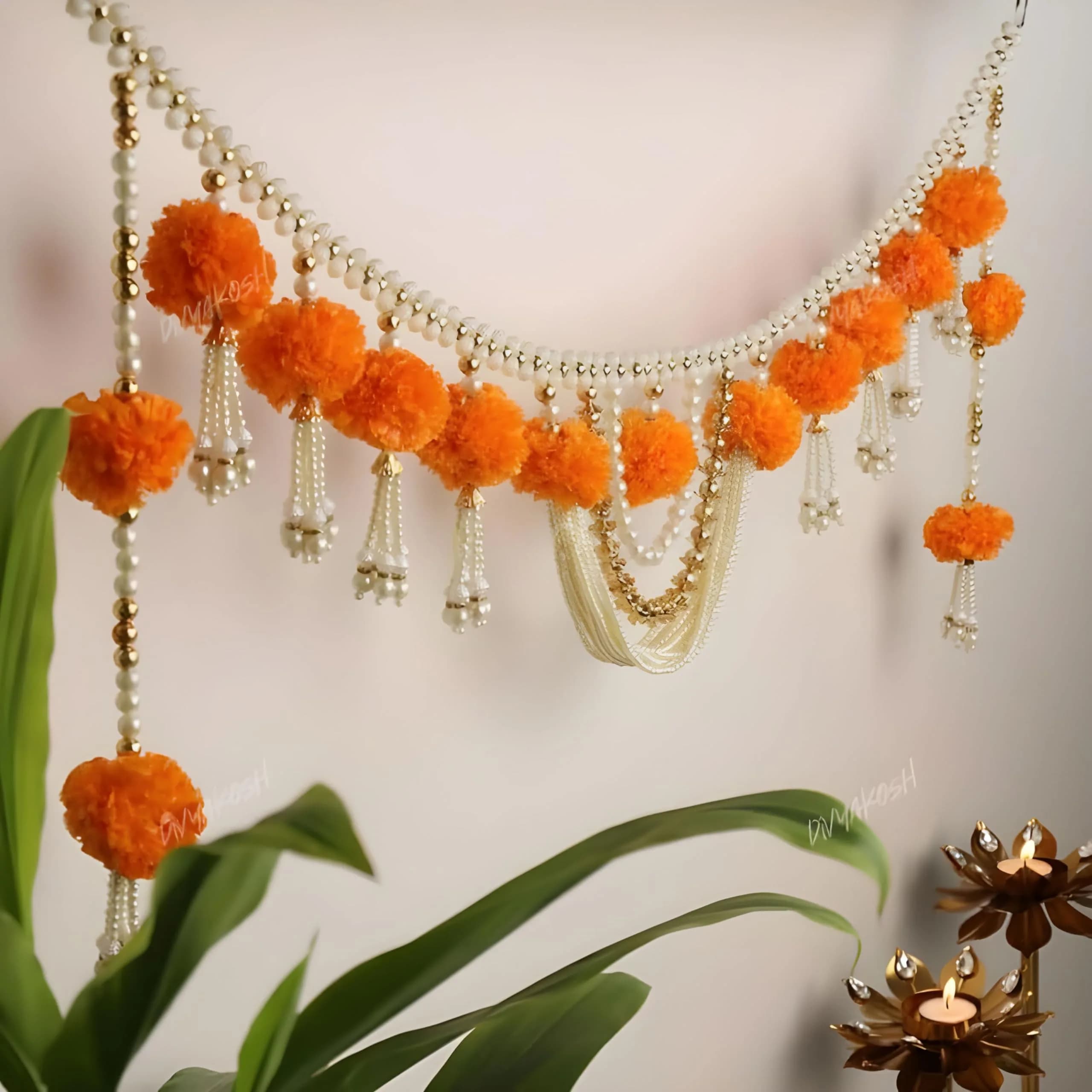 Divyakosh Handmade Marigold Flower with Moti Toran, Bandarwal Door Hanging 94 cm (37 Inch) | Festive Indian Home Decor — Multicolour
