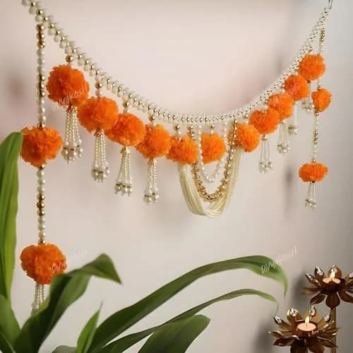 Divyakosh Handmade Marigold Flower with Moti Toran, Bandarwal Door Hanging 94 cm (37 Inch) | Festive Indian Home Decor thumbnail 1