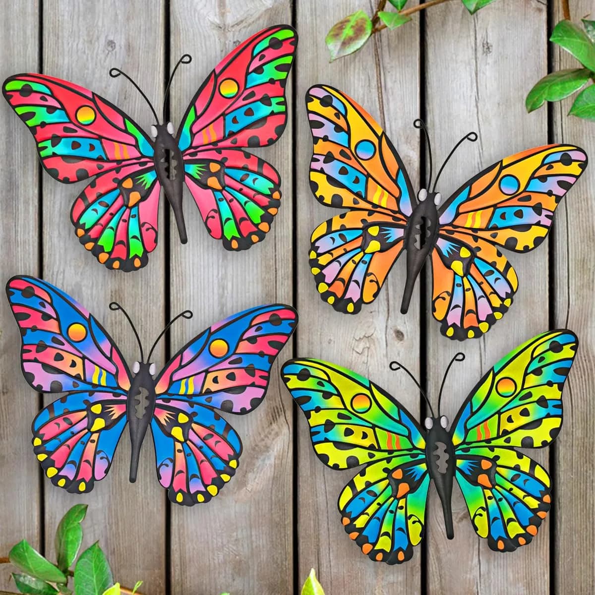 Daogtc 4 Pack Outdoor Butterfly Wall Decor - 9.6 inches Metal Butterfly Wall Art Decor for Yard Fence Garden Patio Balcony