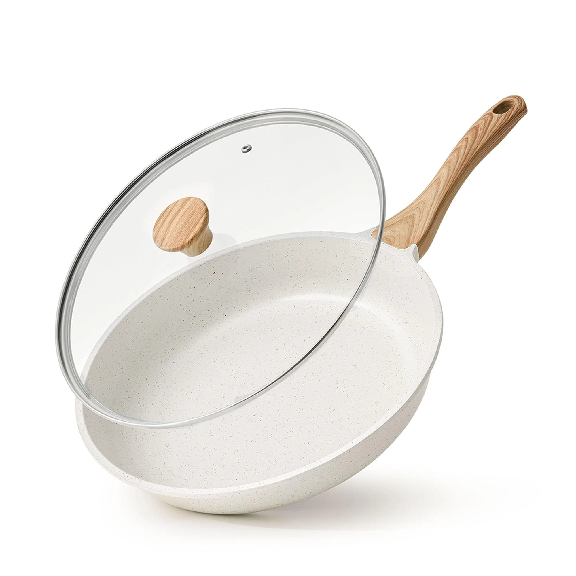 SENSARTE 9.5 Inch Nonstick Ceramic Frying Pan with Lid | PFAS/PTFE/PFOA Free, Induction Compatible — White Ceramic