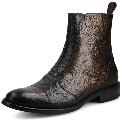 TAFT Mens Lewis Genuine Leather Floral Embossed Sidezip Ankle Boot 13 Medium | Cushioned Block Heel Casual Dress Shoe thumbnail 1