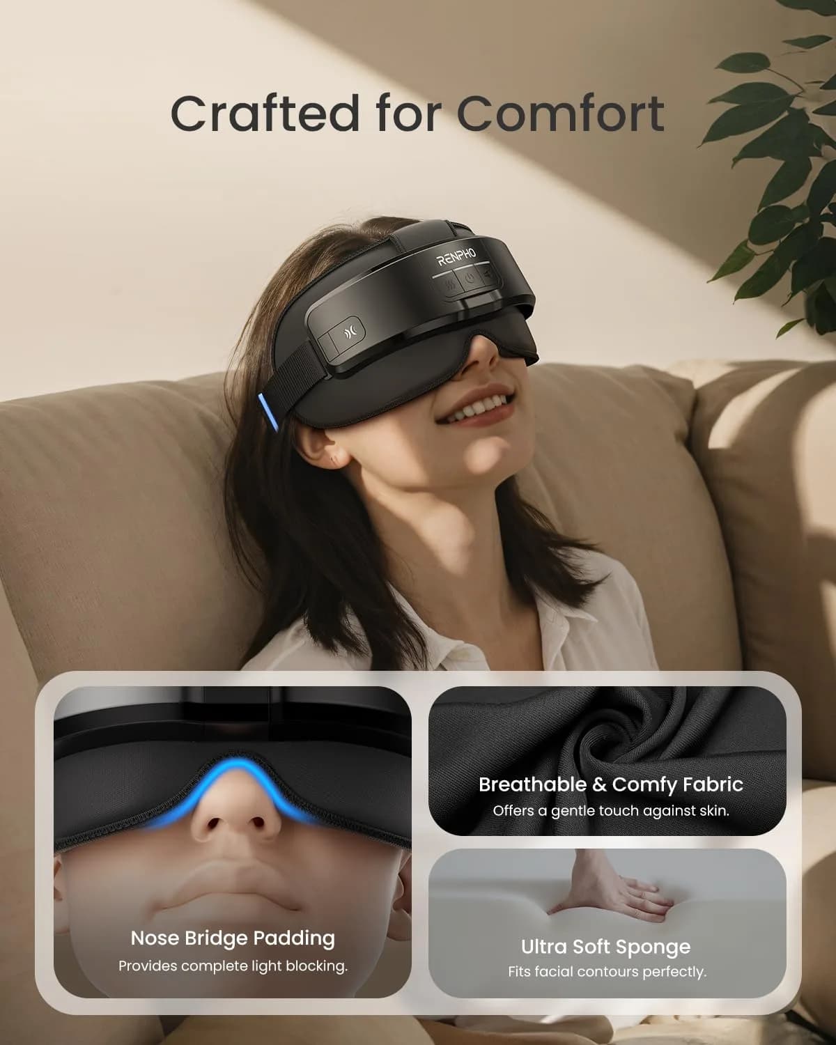 RENPHO Eyeris Masc Head and Eye Massager with Heat, 3D Compression, Adjustable Headband, 1500mAh Battery | Relaxation for Dry Eyes & Stress Relief - view 6