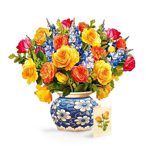 Freshcut Paper Dahlia Sunrise 3D Pop Up Greeting Card (14.5" x 17") | USA Import, Lasts Forever — Sorbet Roses / Grande