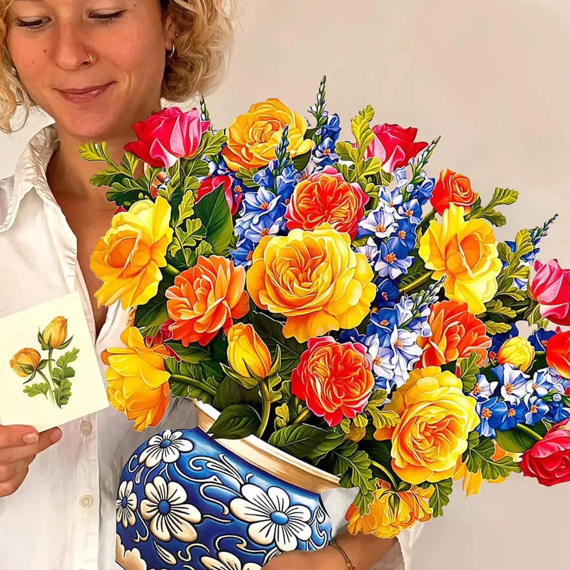 Freshcut Paper Sorbet Roses / Grande Dahlia Sunrise 3D Pop Up Greeting Card (14.5" x 17") | USA Import - view 2
