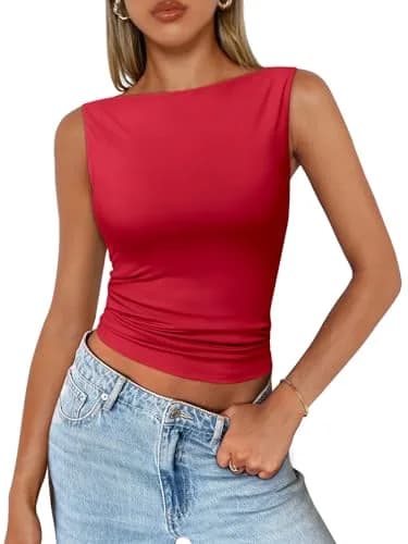 Trendy Queen Women's Boat Neck Sleeveless Tank Top Red Medium | Basic Casual Summer Outfit thumbnail 1