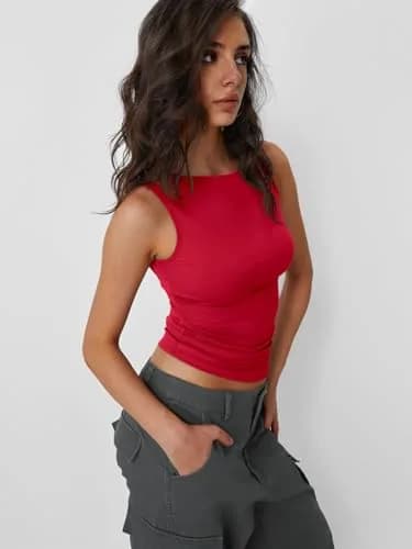Trendy Queen Women's Boat Neck Sleeveless Tank Top Red Medium | Basic Casual Summer Outfit thumbnail 4