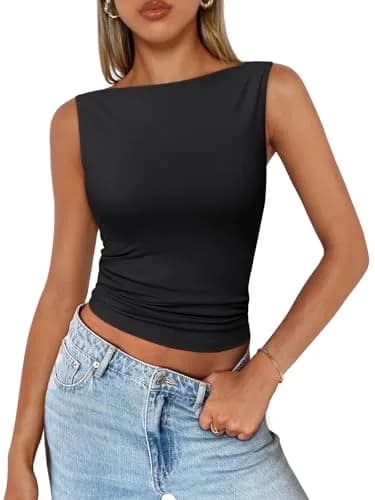 Trendy Queen Women's Boat Neck Tank Top Black L | Basic Sleeveless Summer Fashion thumbnail 1