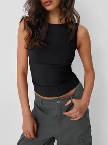 Trendy Queen Women's Boat Neck Tank Top Black L | Basic Sleeveless Summer Fashion thumbnail 2