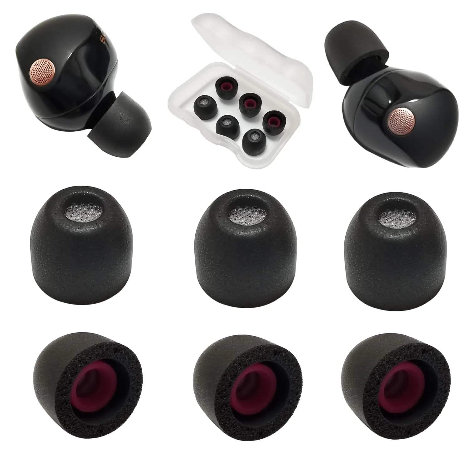 Mijusun Memory Foam XS Earbud Tips for Sony WF-1000XM5 | 3 Pairs with Filter Screen & Storage Box — Black-Extra Small