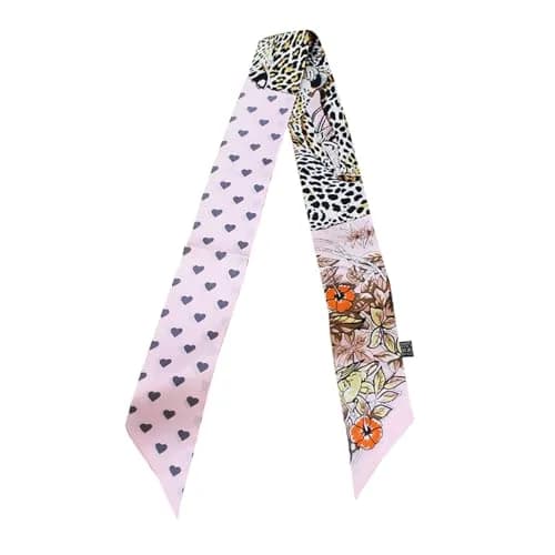 JERLA 100% Mulberry Silk Scarf 88cm x 5cm | Heart Leopard Print Pink thumbnail 1