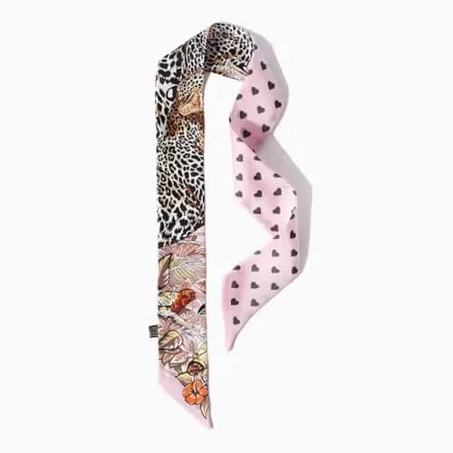 JERLA 100% Mulberry Silk Scarf 88cm x 5cm | Heart Leopard Print Pink thumbnail 2
