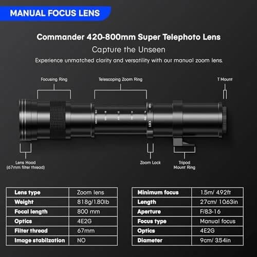 COMMANDER OPTICS 420-800mm f/8.3 Manual Telephoto Zoom Lens for Nikon D500,D600,D610,D700,D750,D800,D810,D850,D3400,D5000,D5100,D7100 | Camera Lens thumbnail 2