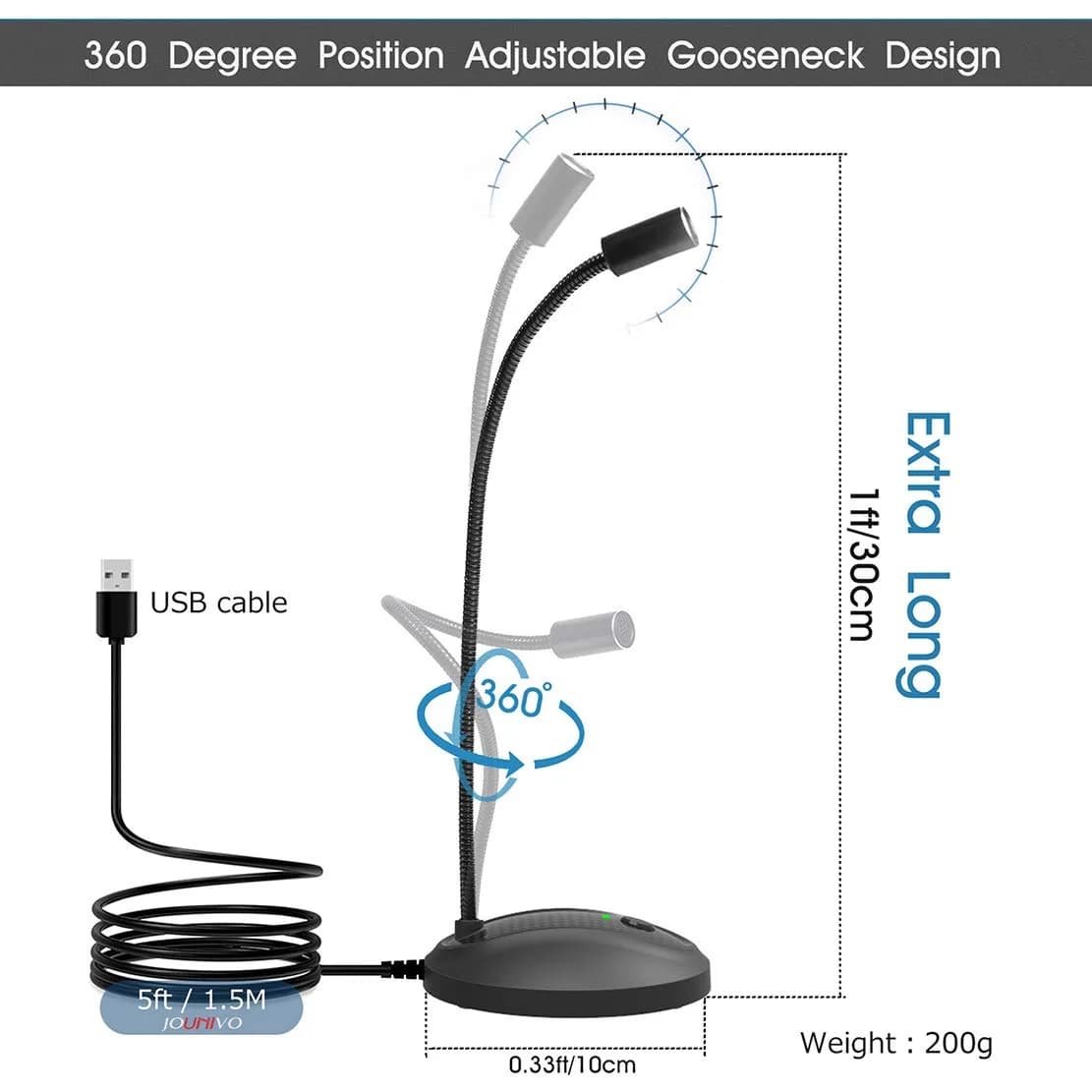 JOUNIVO JV-605 USB Microphone - Black, 1.5m Cable, Noise-Canceling, Mute Button for PC, Laptop, Mac, PS4 - view 2