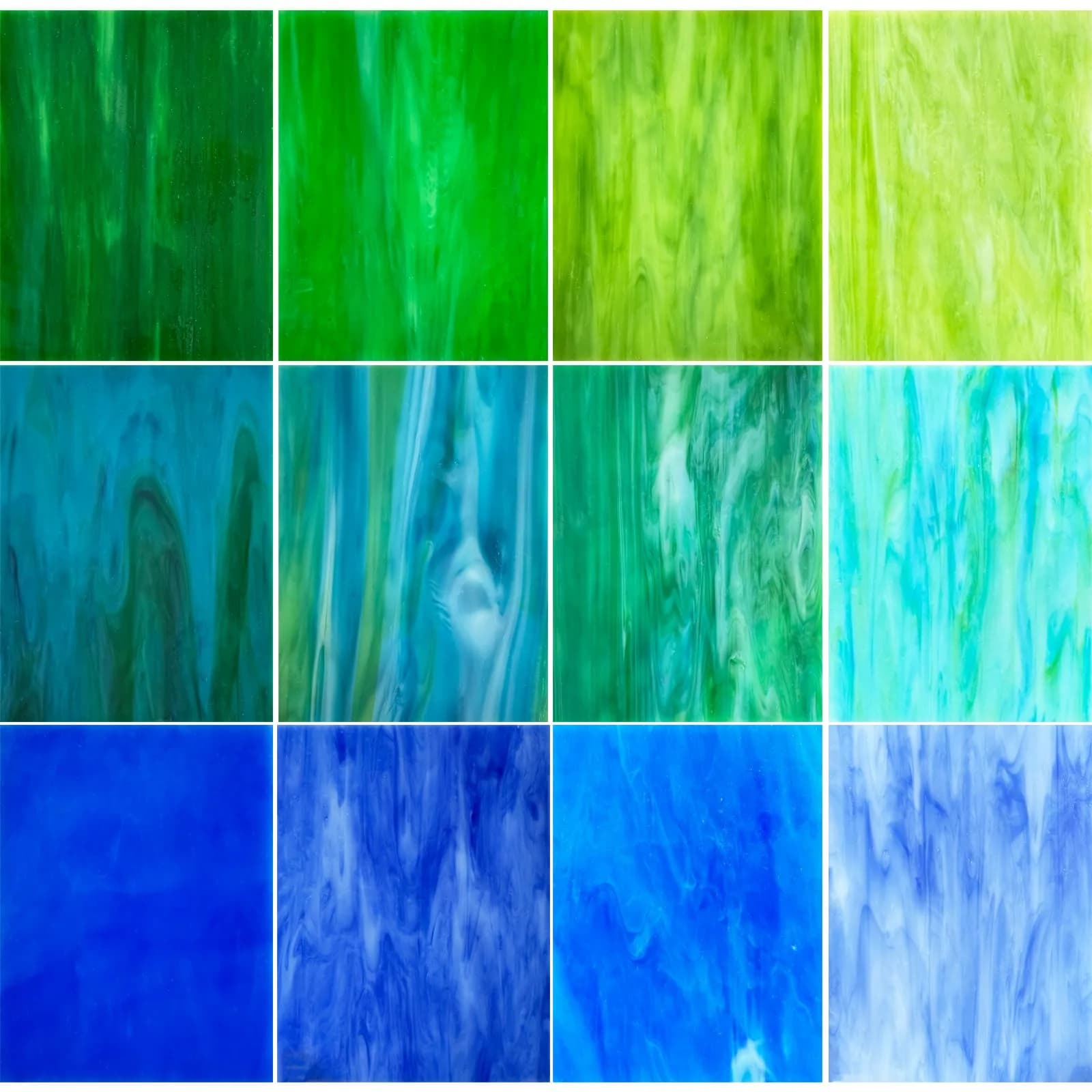 ILLUCKAI Blue+Green Stained Glass Sheets Variety Pack 15.3cm x 10.2cm (6 x 4 inches) | 12 Sheets for Mosaic & Art Projects