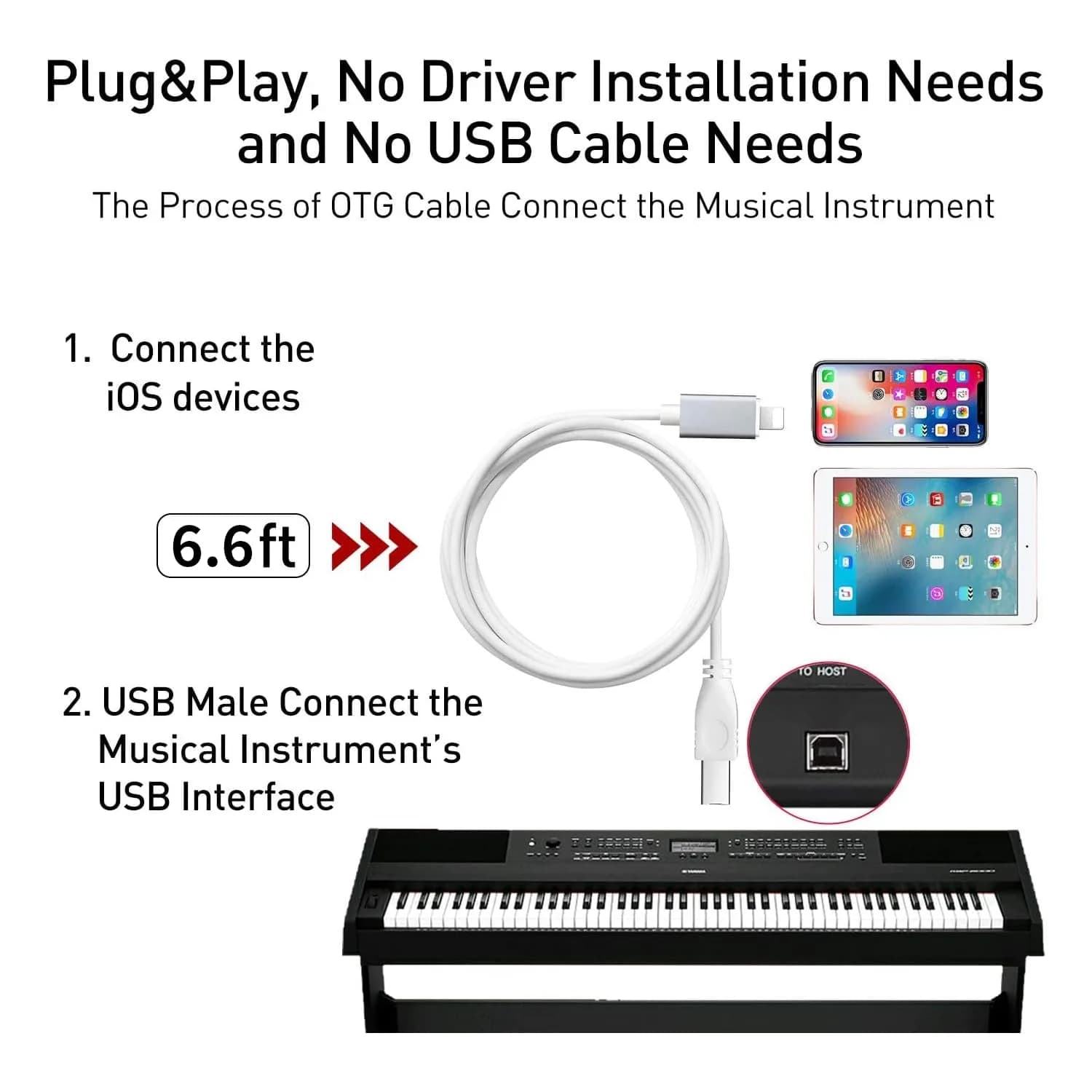 MeloAudio Lightning to MIDI Cable 2m (6.6ft) | Stable & Durable USB 2.0 OTG for iOS Music Instruments - view 4
