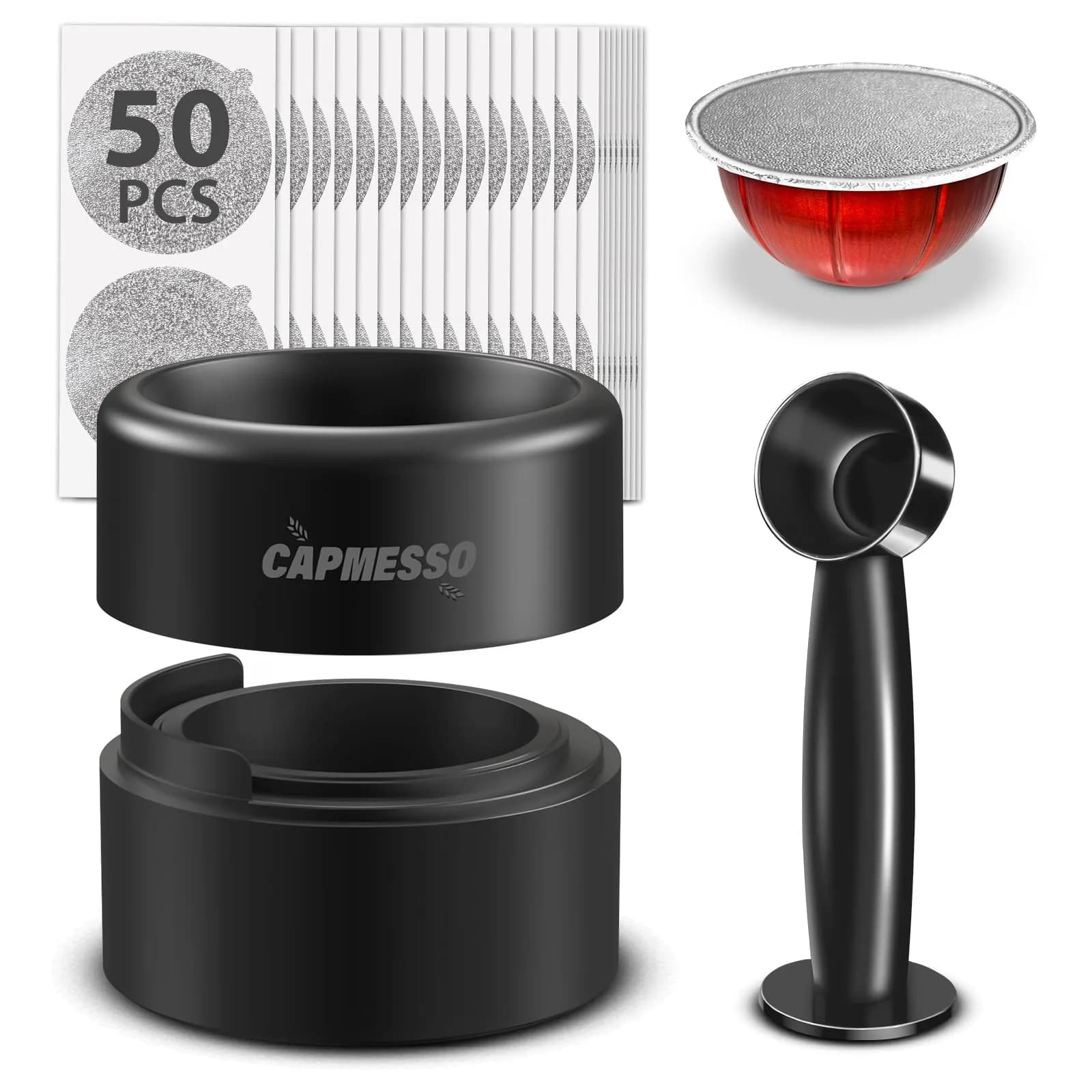 CAPMESSO Reusable Refill Kit for Nespresso Vertuo Pods with Fast Sealing & 50 Aluminum Lids (52 Total Pieces) - main product image